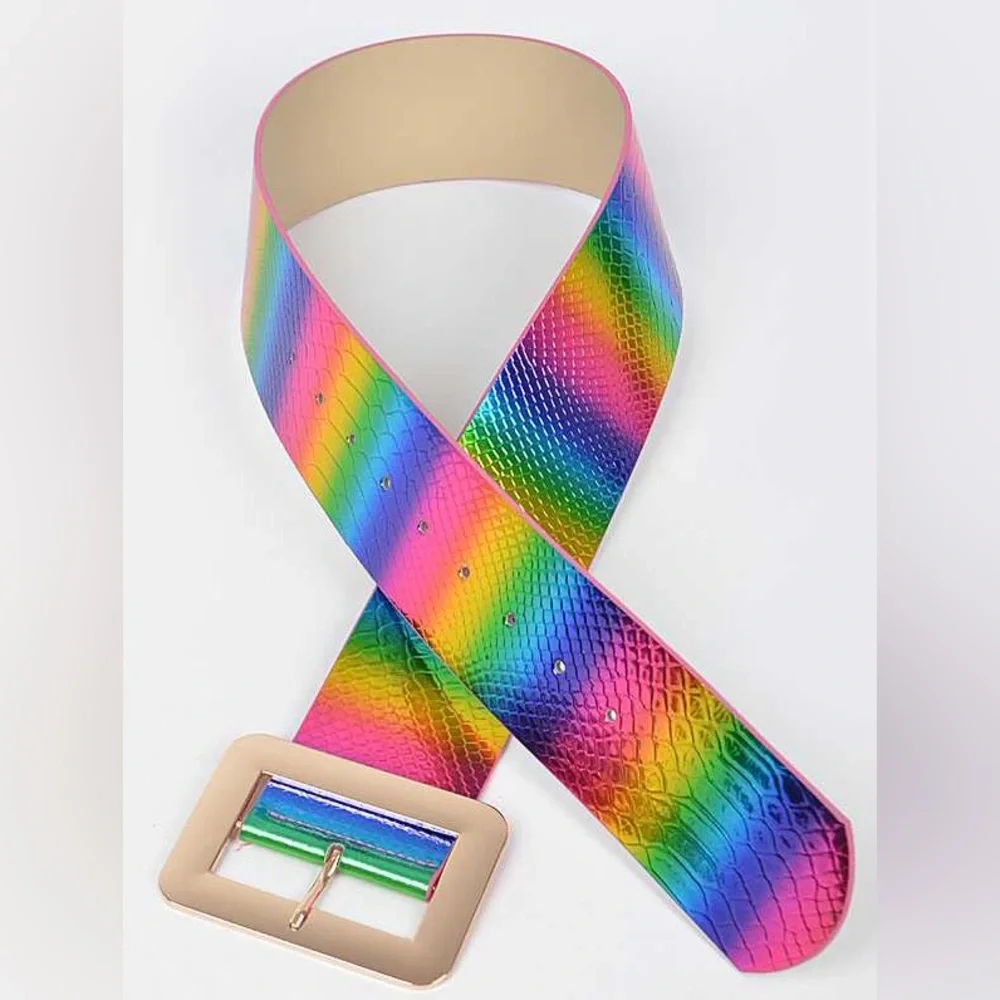 Rainbow Vegan Leather Snakeskin Animal Print Statement Belt